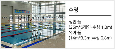 수영:성인 풀(25m*6레인-수심1.3m), 유아 풀(14m*3.3m-수심 0.8m) 